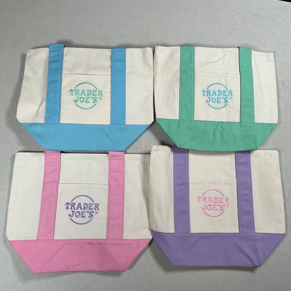 New Trader Joes Mini Pastel Canvas Tote Bags OS Multicolor Set of 4 One Day Ship - Picture 2 of 8